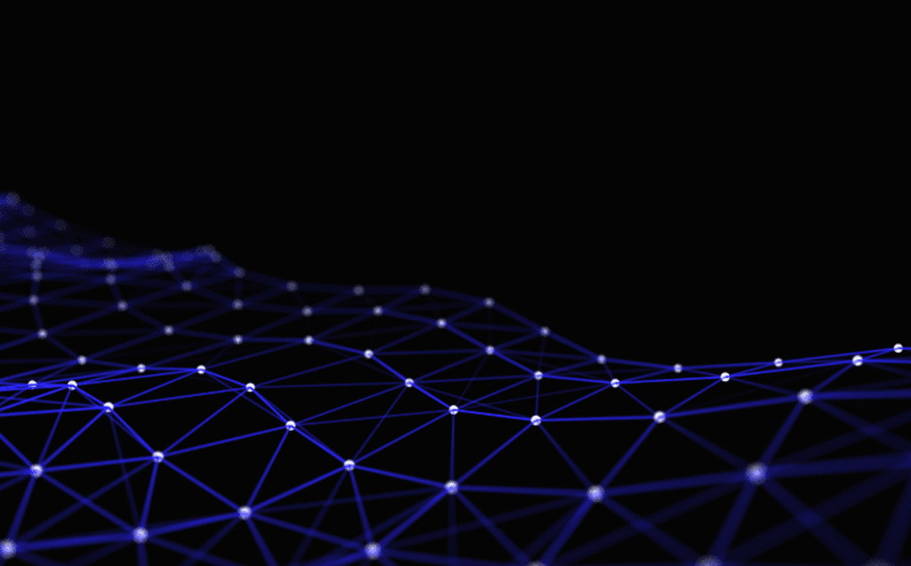A digital illustration of a dark background with interconnected blue lines and glowing nodes forming a geometric network pattern, evoking a technological or data visualization concept. Request a Demo to See Radiant Logic In Action.