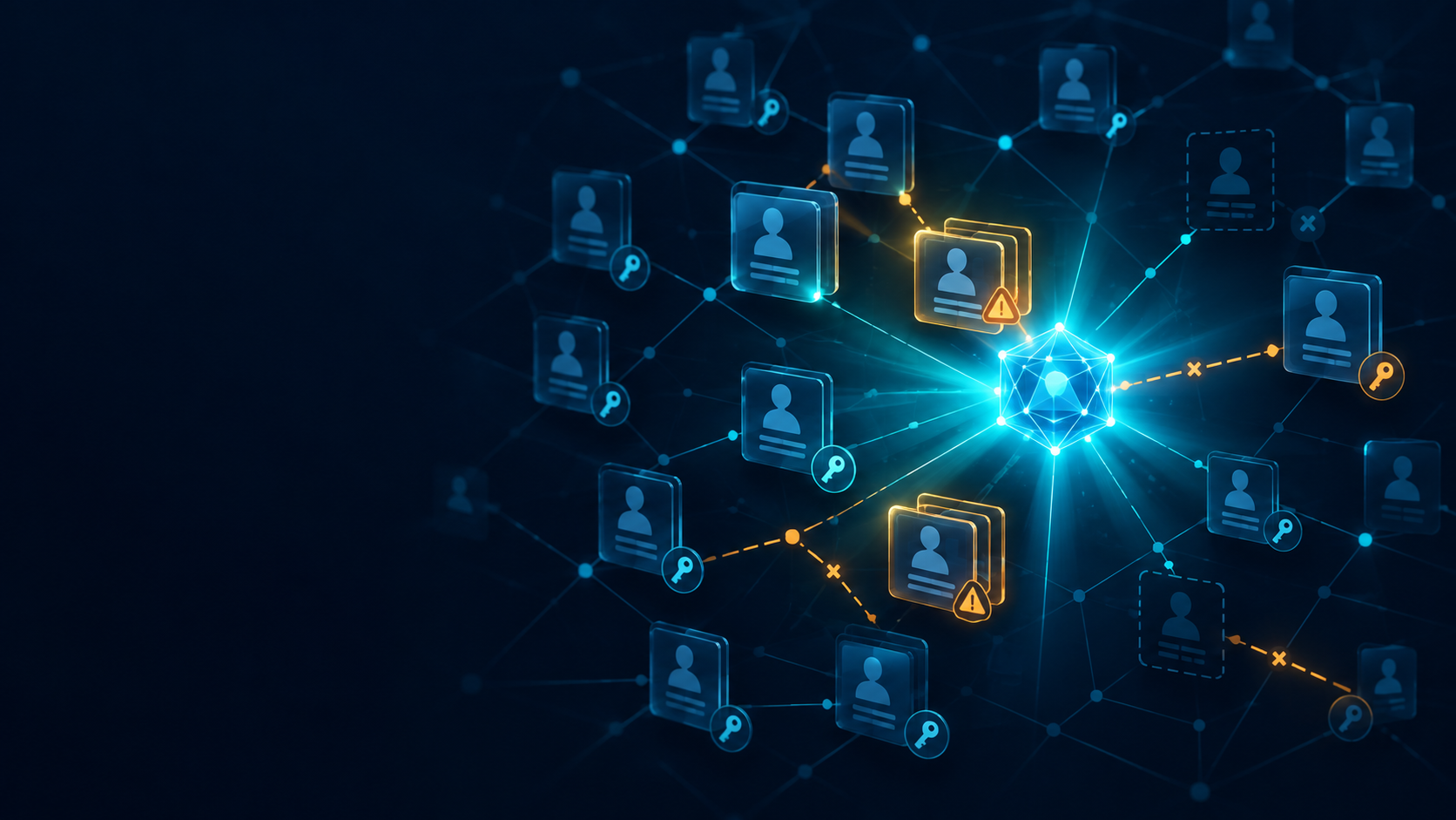 A glowing digital core connected by a network of lines to various user profile icons, with some connections marked by warning symbols and key icons.