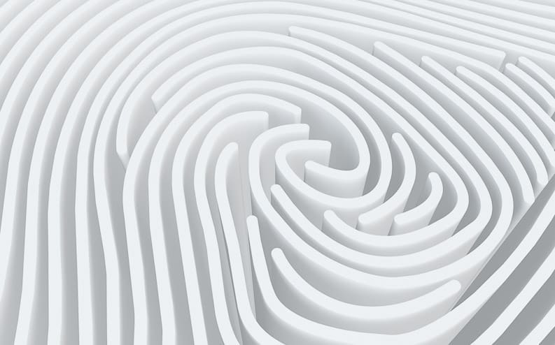 White, raised, curving ridges form a stylized, abstract fingerprint pattern on a smooth, light gray background. The image has a clean, modern, and minimalistic look.