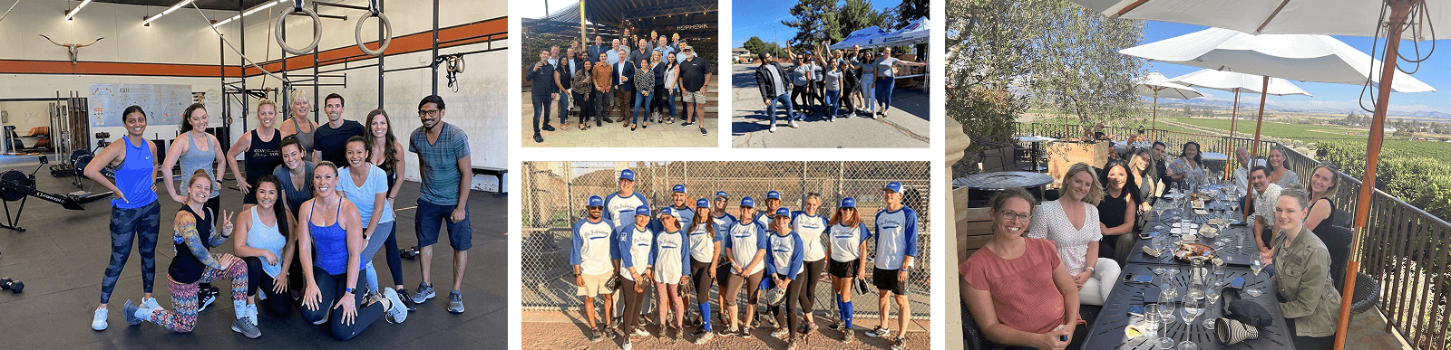 A collage shows people posing at a gym, group photos outdoors, and a group dining at a restaurant patio with views of vineyards under large umbrellas. All appear happy and engaged in social activities.