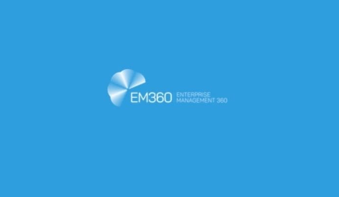 White EM360 ENTERPRISE MANAGEMENT 360 logo with a circular, segmented design on a solid blue background.