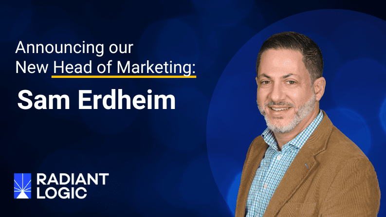 A man in a brown blazer and checked shirt smiles beside text announcing, New Head of Marketing: Sam Erdheim. The Radiant Logic company logo appears in the bottom left on a blue background.