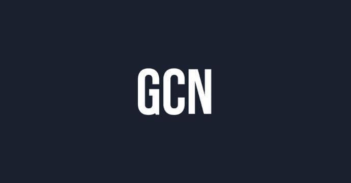 White capital letters GCN centered on a dark navy blue background.