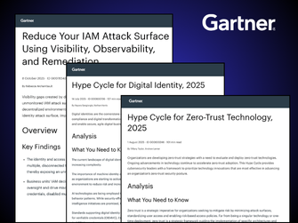 Three Gartner research report previews are shown overlapping on a dark blue background with the Gartner logo in the top right. The reports cover IAM attack surfaces, digital identity hype cycle 2025, and zero-trust technology 2025.