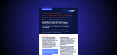 A case study document with a blue and orange theme titled “Modernizing Retail Identity: How a Large DIY Retailer Built a Resilient, High-Performance Store Infrastructure” by Radiant Logic, displayed on a dark blue background.