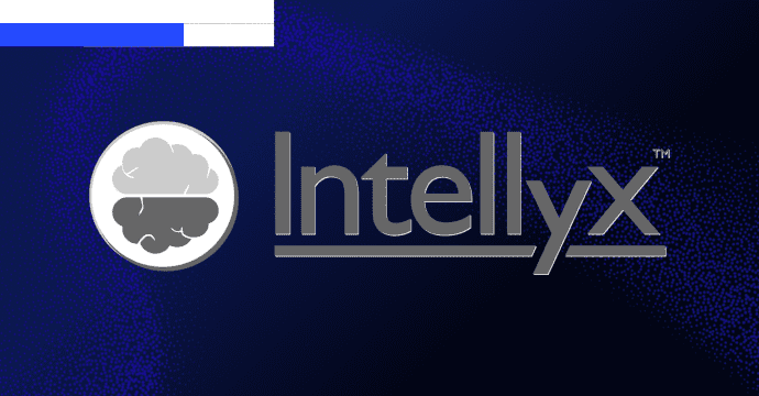 The image shows the Intellyx logo with a stylized brain icon in a circle, split into light and dark halves, next to the word Intellyx in bold gray letters on a dark blue background.