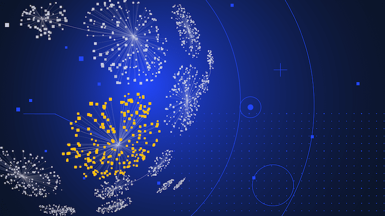 Abstract digital illustration of interconnected clusters made of white and yellow dots and squares, resembling network nodes, on a dark blue background with circular and grid patterns.