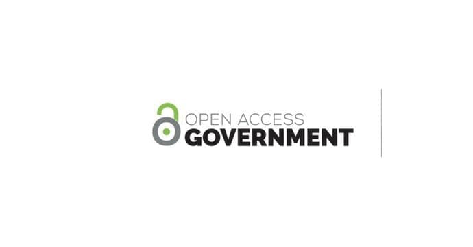Logo with a green and grey open padlock icon to the left of the words OPEN ACCESS GOVERNMENT in bold black and grey text on a white background.