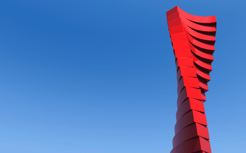 A tall, twisting red sculpture with curved segments rises against a clear blue sky, creating a striking contrast with its vibrant color and modern design.