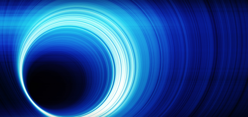 Abstract image of a glowing blue and white circular swirl on a dark blue background, creating a vortex or tunnel effect with radiating concentric lines.
