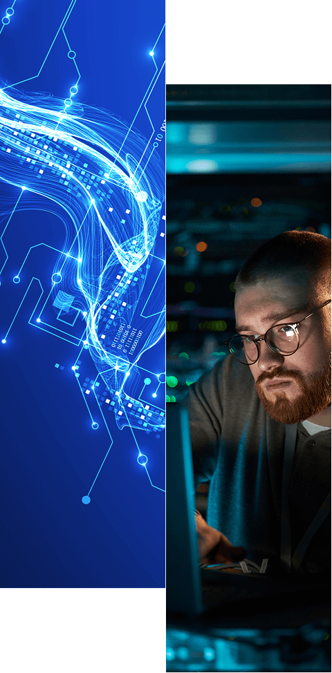 Split image: Left side shows a digital circuit with glowing blue lines; right side shows a man with glasses and a beard looking intently at a computer screen in a dark, technology-focused environment.