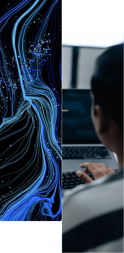 Split image: the left side features abstract blue lines and dots on a black background, resembling digital data streams; the right side shows a person using a laptop, viewed from behind.