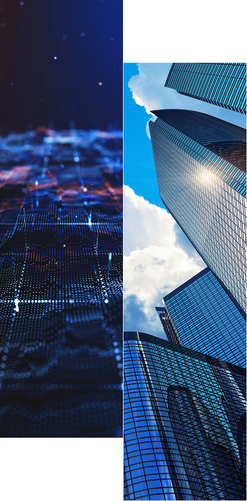 Split image showing abstract digital data visualization on the left and tall modern glass skyscrapers reflecting clouds and blue sky on the right.
