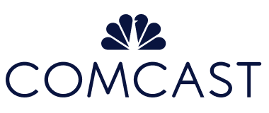 Comcast logo featuring the word COMCAST in uppercase letters below a dark blue peacock-inspired design with six feather shapes.