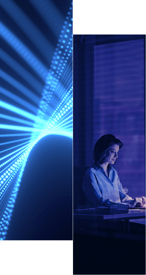 A woman works on a laptop in a dimly lit room with a blue-purple hue; alongside her, an abstract digital graphic with glowing blue lines and dots evokes the spirit of Radiant Logic customer success.