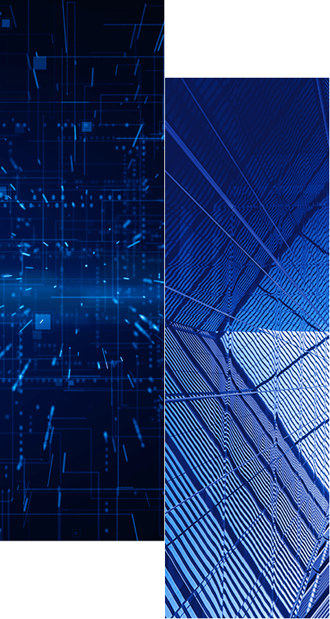 A split image: the left side shows a digital, futuristic blue grid with glowing lines and dots; the right highlights two geometric architectural patterns in blue—reflecting Radiant Logic customer success through innovation and design.