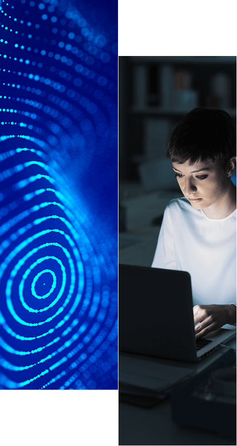 A split image: on the left, a close-up of a digital blue fingerprint; on the right, a Radiant Logic customer success story unfolds as a person works on a laptop in a dimly lit room, illuminated by the computer screen.