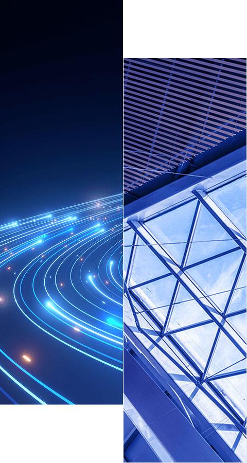 Split image: left side shows glowing blue light trails on a dark background, symbolizing technology and Radiant Logic customer success; right side displays a modern glass building ceiling with geometric lines and blue sky visible through the glass.