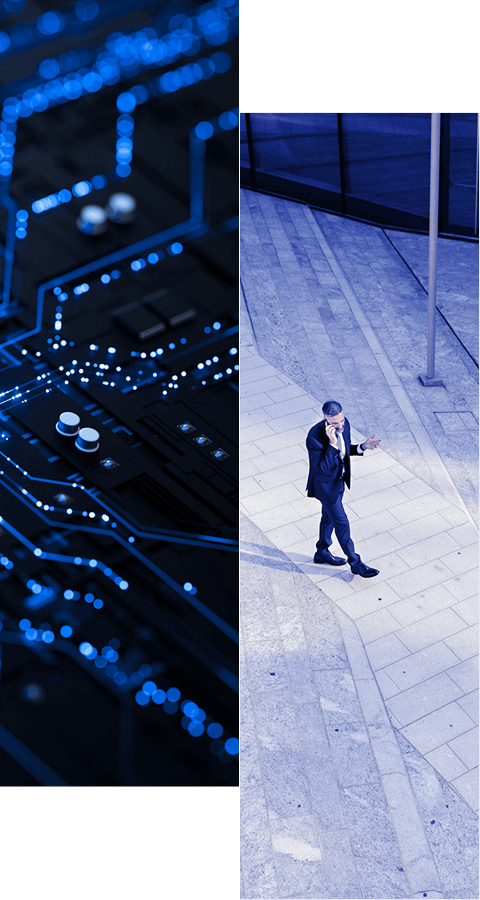 Split image: Left side shows a blue-lit computer circuit board; right side features a Radiant Logic customer success story—a man in a suit walks and talks on his phone in an open, modern outdoor space.