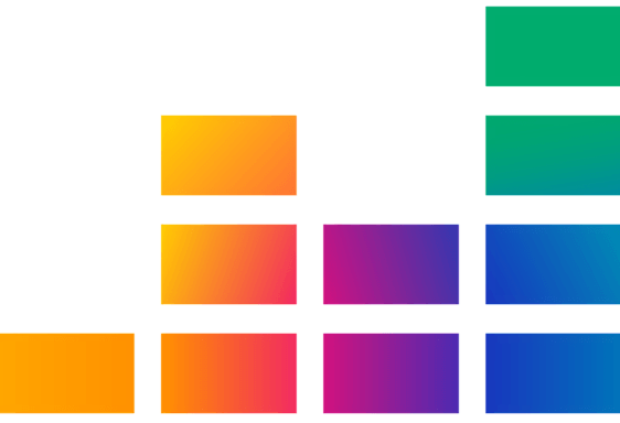 A series of colorful rectangular blocks arranged in a staggered, rising pattern on a white background, resembling a simplified equalizer or bar chart. The blocks transition in color from orange to green and blue.