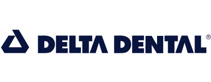 Delta Dental logo featuring a navy blue triangular icon to the left and the words Delta Dental in bold navy blue uppercase letters on a light gray background.