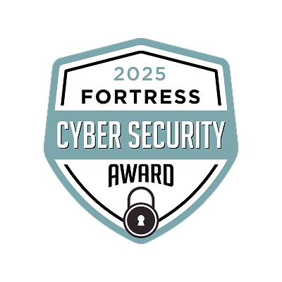 A badge-shaped logo with the text 2025 Fortress Cyber Security Award and an image of a padlock at the bottom center. The design uses teal, black, and white colors.