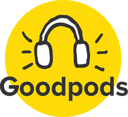Goodpods logo featuring a simple black outline of headphones with sound lines on a yellow circle background, and the word Goodpods written in bold black letters below.