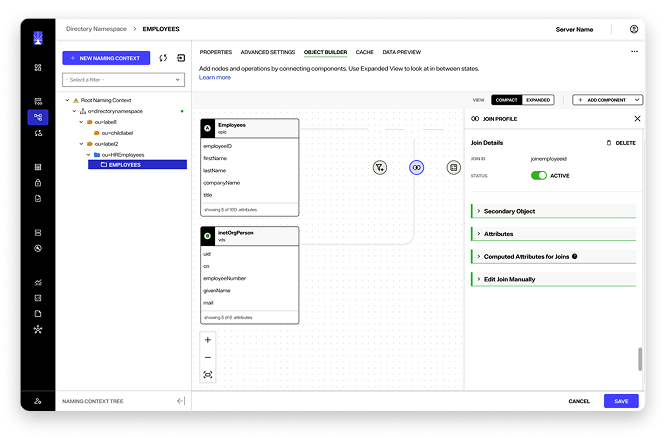 A RadiantOne Identity Data Management software interface displays a directory namespace with a sidebar, a flowchart connecting Employees and verifyPerson nodes, and join settings on the right for configuring data relationships.