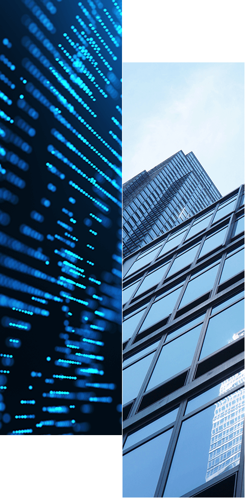 Split image showing blue digital data lines on the left, symbolizing today’s challenges in securing identity, and the exterior of a modern glass office building viewed from below against a blue sky on the right.