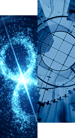 Split image: Left side shows a glowing blue infinity symbol made of particles, symbolizing today’s challenges in securing identity; right side shows a spiral staircase with glass walls and a skylight, viewed from below in cool blue tones.