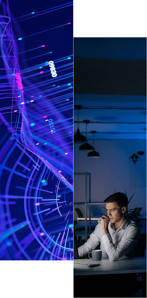 Split image: Left side shows colorful abstract digital lines and data points on a dark background; right side shows a man working late at a desk, reflecting on today’s challenges in securing identity as he studies his computer screen in a dimly lit office.