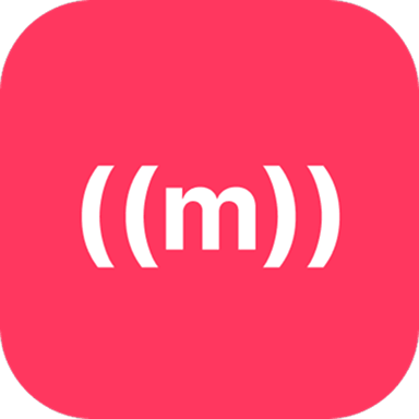A pink rounded square icon with a white lowercase m in the center, surrounded by two pairs of curved parentheses on either side.