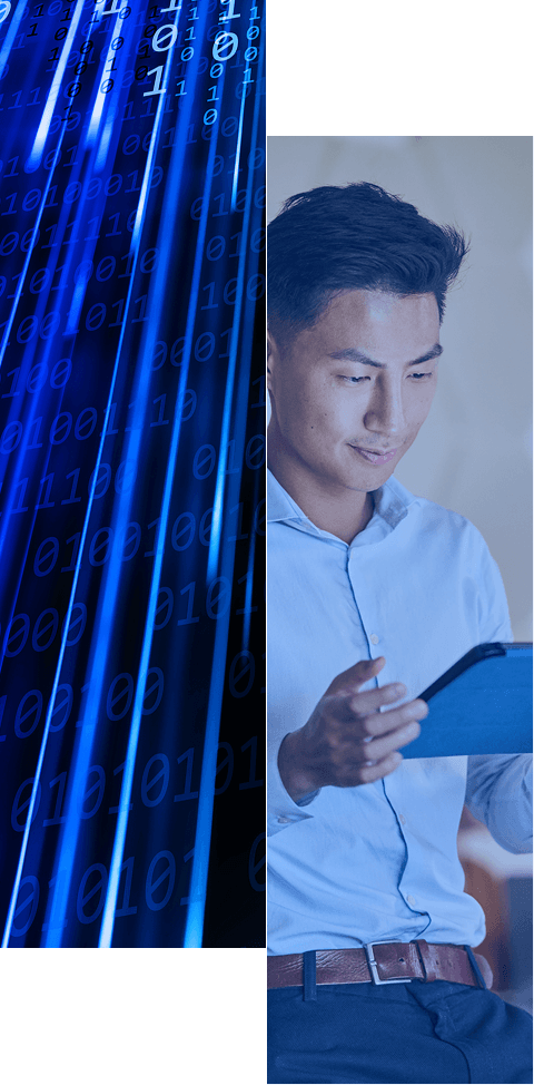 Split image: Left side shows cascading binary code in blue tones; right side shows a man in a button-up shirt looking at a tablet, appearing focused and engaged.