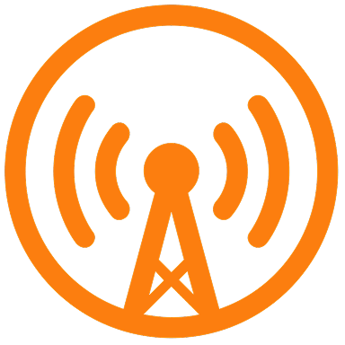 An orange icon of a radio tower with circular signal waves radiating outward, enclosed in a circle, symbolizing broadcasting or wireless communication.