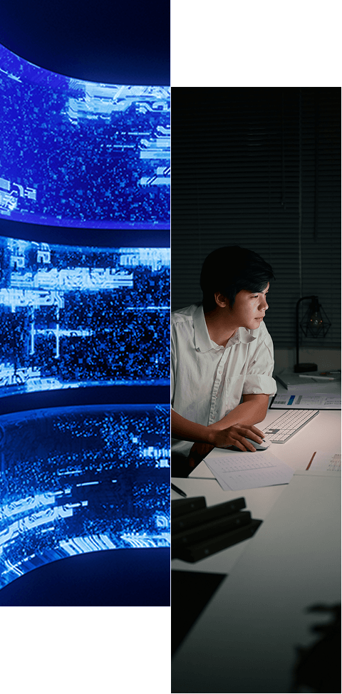 A split image showing digital blue screens with static and surveillance footage on the left, and a person working late at a computer in a dark office on the right, highlighting the secure collaboration enabled by The Radiant Logic Partner Network.