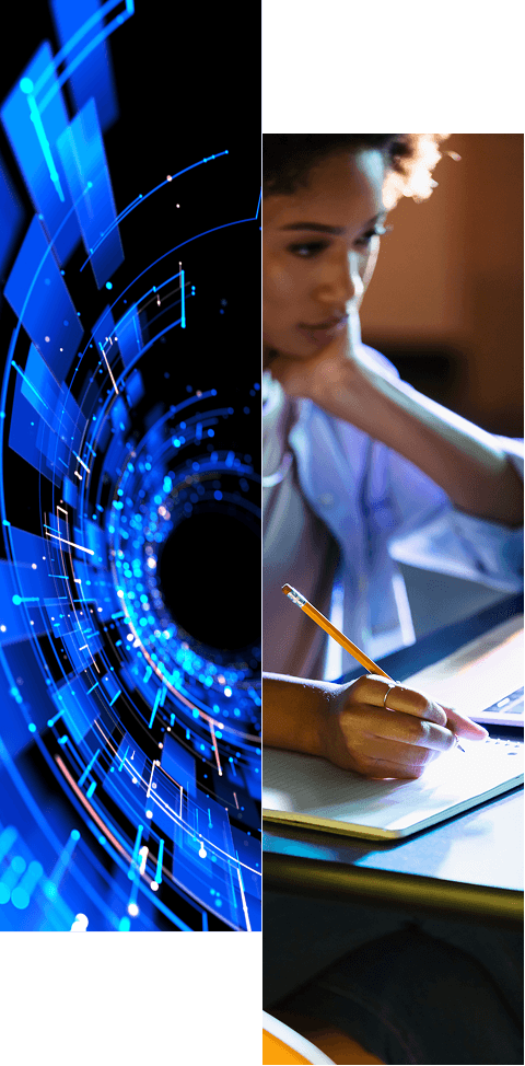 Split image: left side shows a digital blue geometric swirl with glowing lines; right side features a woman writing on paper while using a laptop, reflecting technology, learning, and connection—just like The Radiant Logic Partner Network.