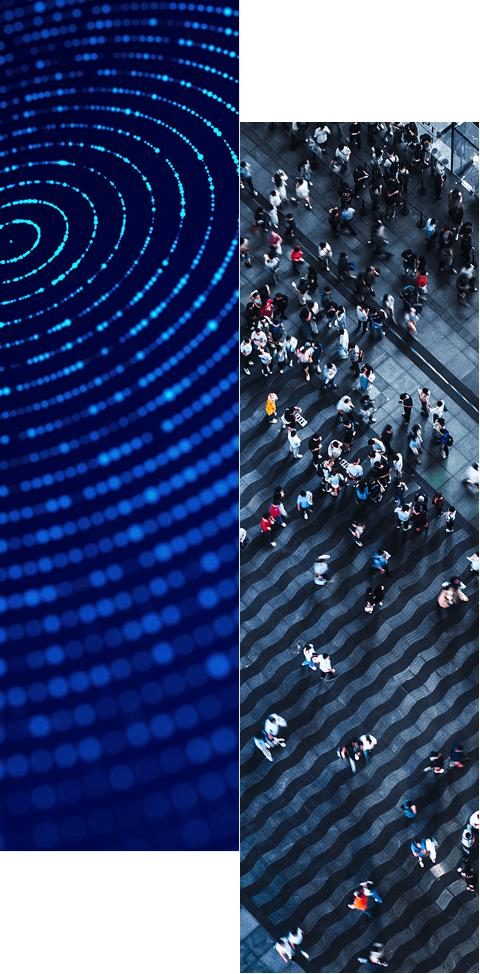 On the left, glowing blue dots form circular patterns on a dark background. On the right, a crowd crosses striped crosswalks—an abstract nod to the connectivity inspired by The Radiant Logic Partner Network.