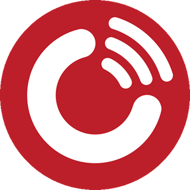 A red circle with a stylized white C shape on the left, and three curved lines on the upper right, resembling radio waves or a signal.