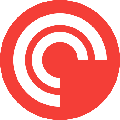 A bold red circle with three white curved lines inside, forming concentric arcs on the left side. The right side has a solid red section, creating a stylized, abstract design with geometric shapes.