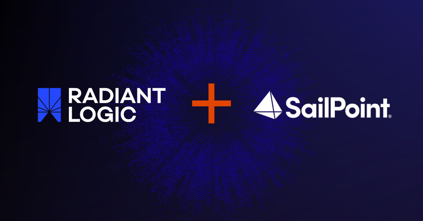 Logos of Radiant Logic and SailPoint are separated by a large orange plus sign on a dark blue background with a subtle burst effect.