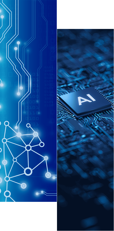Split image: the left side shows glowing circuit lines and network nodes on a blue background; the right side features a close-up of a computer chip with AI on it, surrounded by detailed circuit patterns.