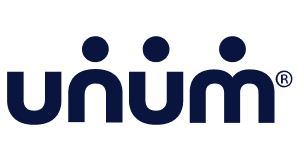 The image shows the Unum logo, featuring the word unum in lowercase dark blue letters with rounded shapes, each letter topped by a dot, resembling abstract human figures.