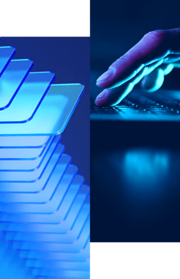 Abstract image split in half: on the left, overlapping glass-like panels are stacked diagonally in blue light; on the right, a hand interacts with an illuminated keyboard, evoking the secure access principles of Zero Trust Architecture.
