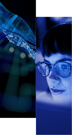 A split image: left side shows abstract blue-green digital lines and dots; right side shows a person with glasses intently looking at a computer screen, illuminated by blue light—a visual nod to Zero Trust Architecture in modern cybersecurity.