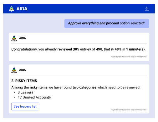 A dashboard shows results from RadiantOne AIDA: 305 of 498 entries reviewed in 1 minute (48%). Two risky item categories found—3 leavers and 17 unused accounts. A “See leavers list” button is visible.