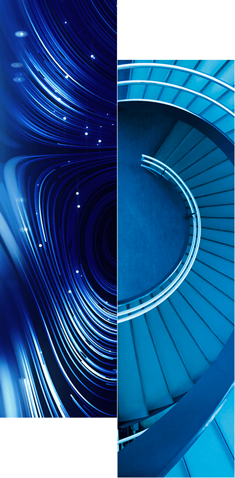 Split image: the left half features radiant blue light trails on a dark background, while the right showcases a top view of a blue spiral staircase with metal railings—an artistic nod to the innovative spirit of RadiantOne AIDA.