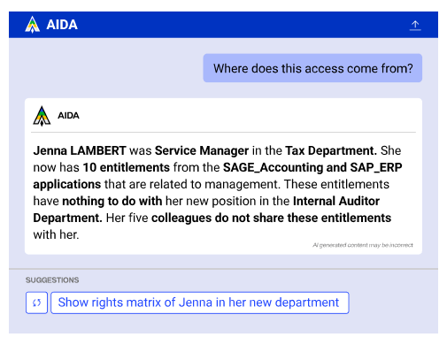 A screen shows the RadiantOne AIDA interface with a query about access origins. The response states Jenna Lambert has 10 entitlements from previous roles that her new colleagues in the Internal Auditor Department do not share.