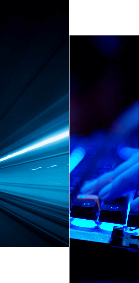 Split image: the left side features blue light streaks evoking speed; on the right, hands type rapidly on a keyboard, illuminated with blue light—a dynamic visual inspired by RadiantOne AIDA.