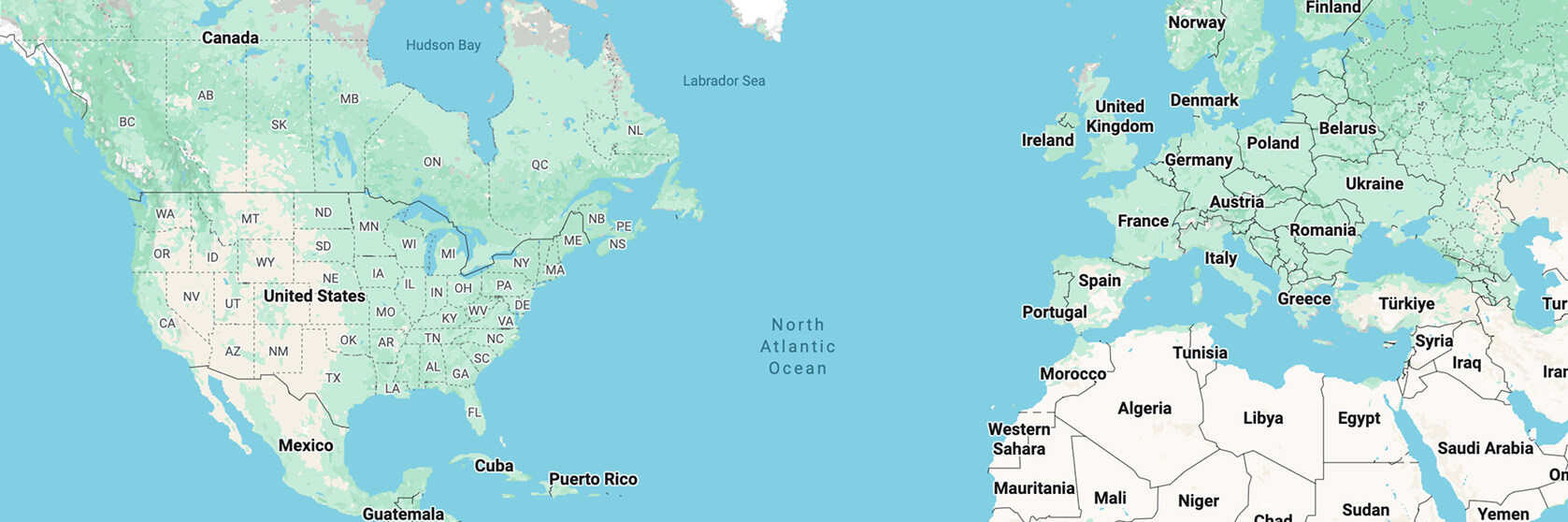 A map showing parts of North America, Europe, and northern Africa, with country names labeled, the North Atlantic Ocean in the center, and visible coastlines and water bodies.