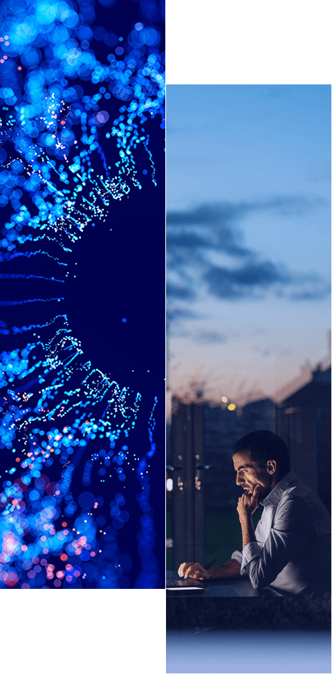 Split image: Left side shows blue abstract digital particles forming a circular pattern; right side shows a person in a white shirt at dusk, thoughtfully viewing a laptop. Learn more about how we help organizations’ identity-first security approach.